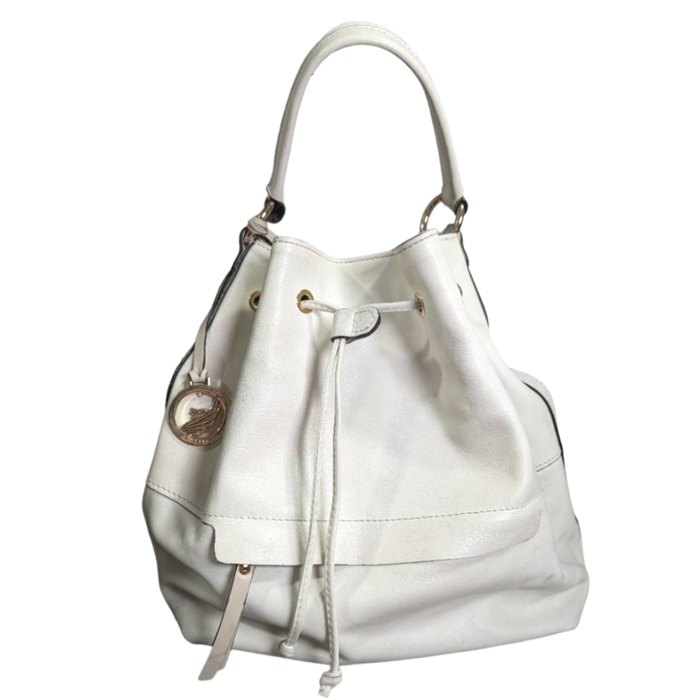 White Leather Drawstring Shoulder Bag